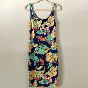 Floral Bodycon Dress Navy Pink Yellow Sleeveless Midi